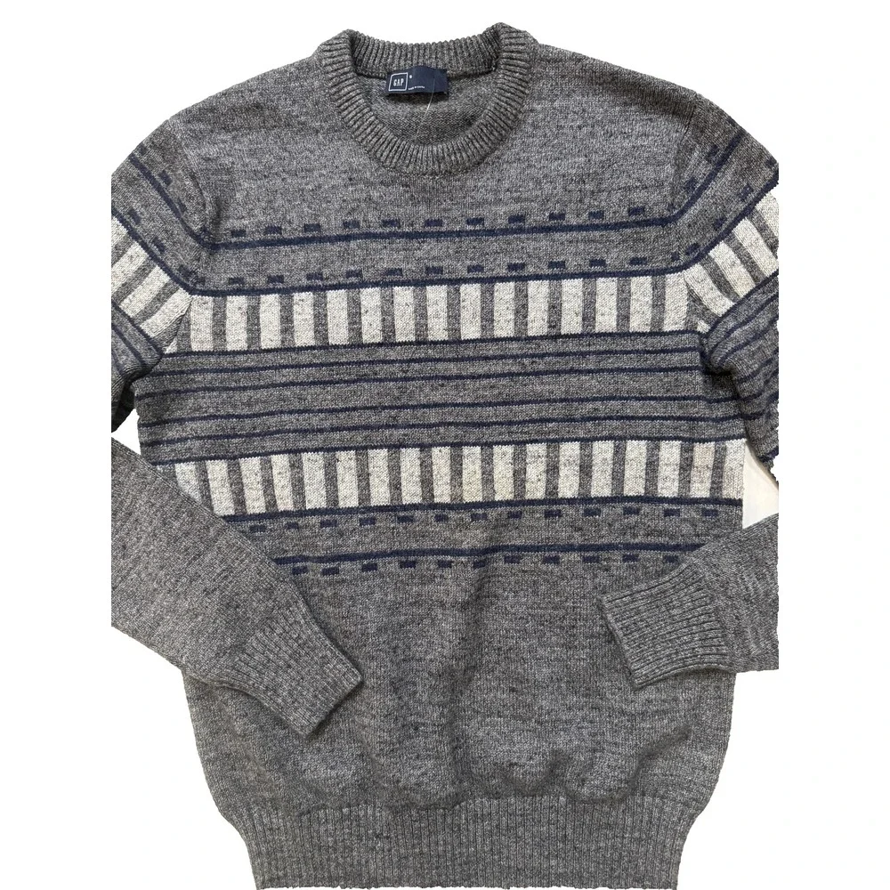GAP Sweater Mens Small Gray Blue Fair Isle Stripe‎ Crewneck Knit Pullover NWT
